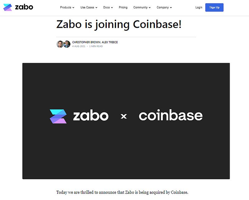 Coinbase поглощает Zabo: все для удобства клиента