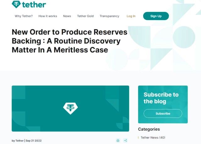 В Tether не видят ничего необычного в требовании суда и готовы подтвердить резервы USDT